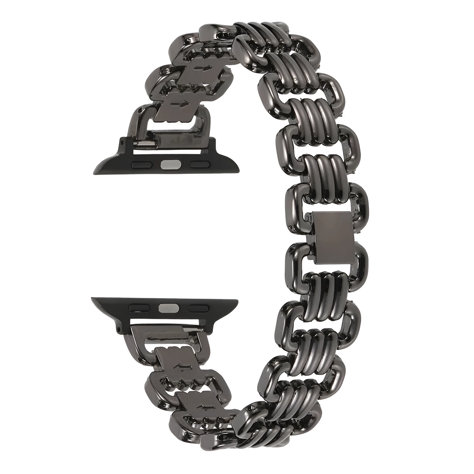 Silver alloy metal replacement bracelet strap for Apple Watch on a table.