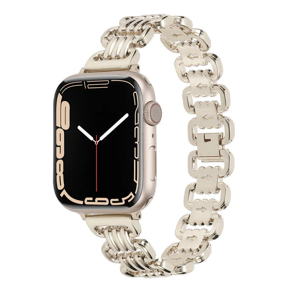 Silver alloy metal replacement bracelet strap for Apple Watch on a table.