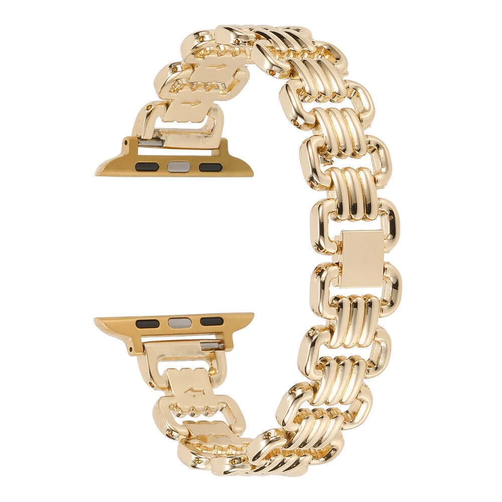 Silver alloy metal replacement bracelet strap for Apple Watch on a table.