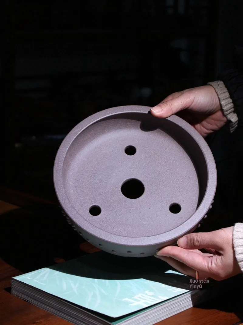 Handmade Yixing fine zisha drum nail round mouth flowerpot in raw ore green plaster non-porous finish