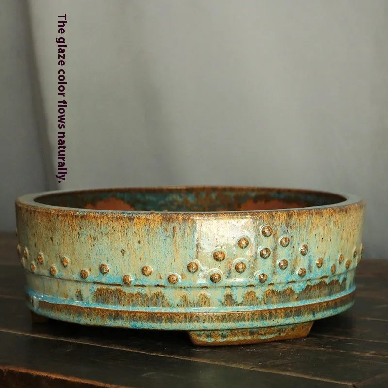 Handmade purple sand ceramic round drum flower pot with high-temperature firewood glaze in nail compound colour for indoor plants