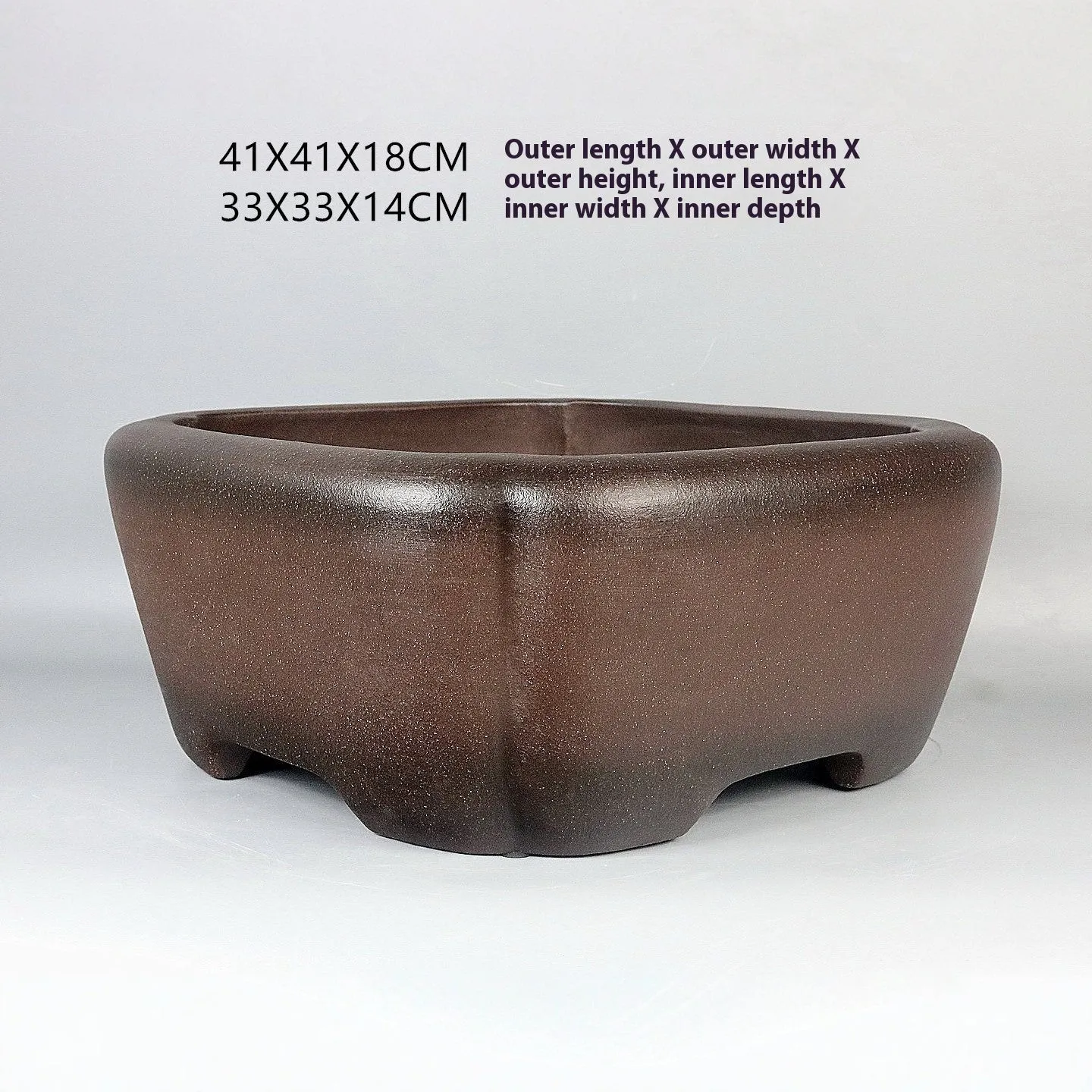 Handmade antique square purple sand ceramic bonsai pot, 41x41x18cm outer dimensions