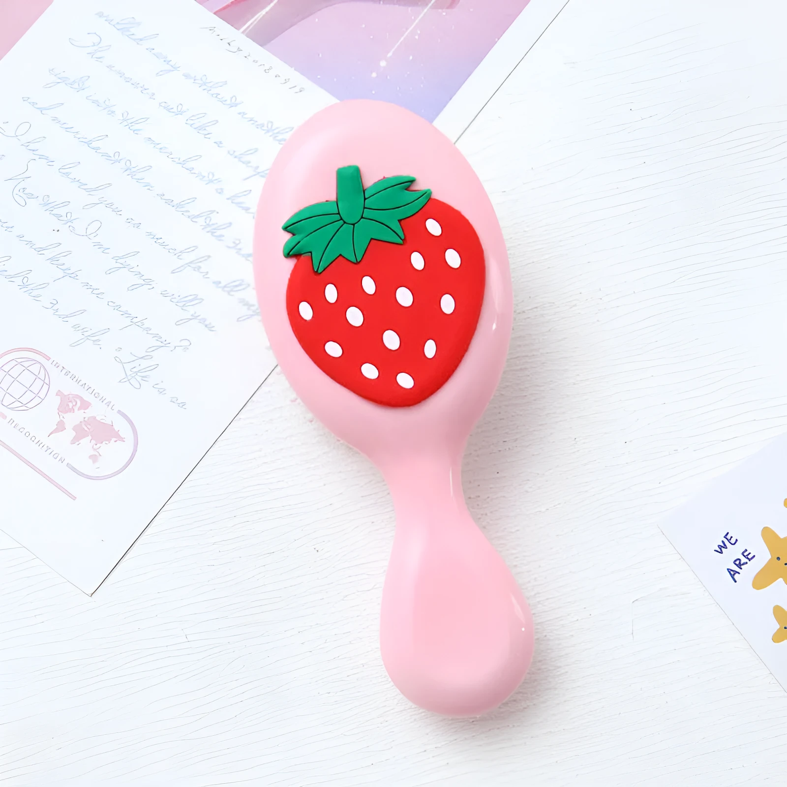 Cute portable resin massage comb for kids in strawberry design, 15-20 cm, soft bristles for detangling