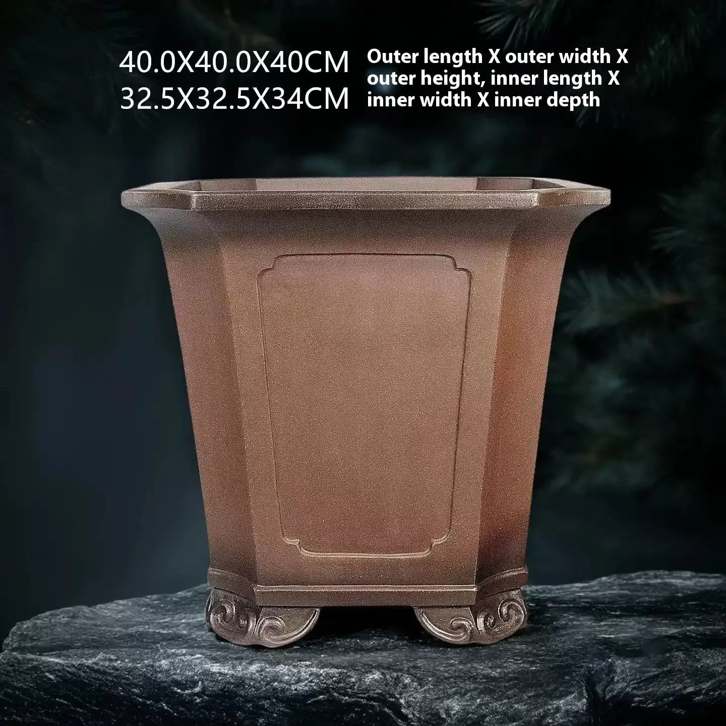 Ceramic antique redware flowerpot purple sand finish 40x40x40cm on a wooden table