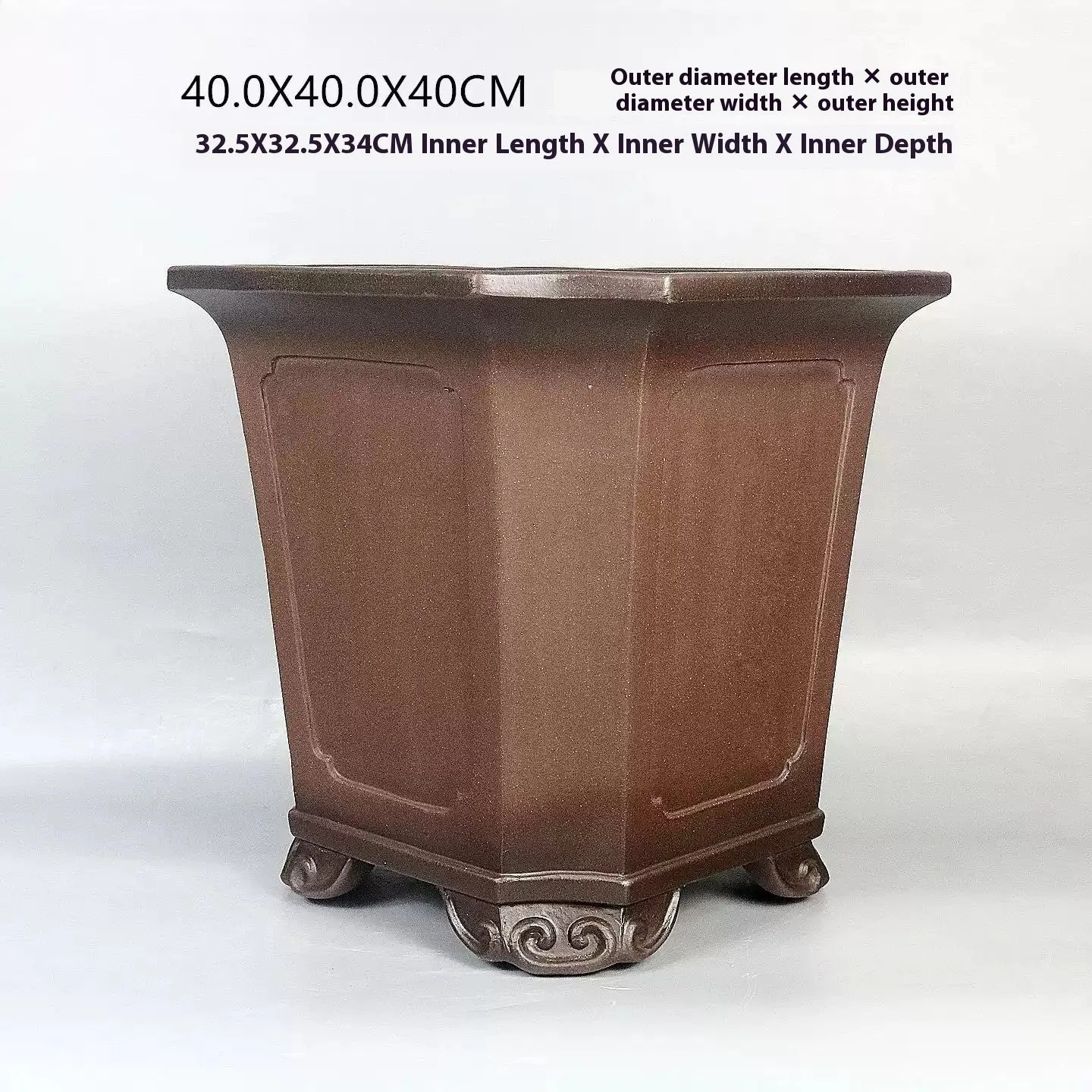 Ceramic antique redware flowerpot purple sand finish 40x40x40cm on a wooden table