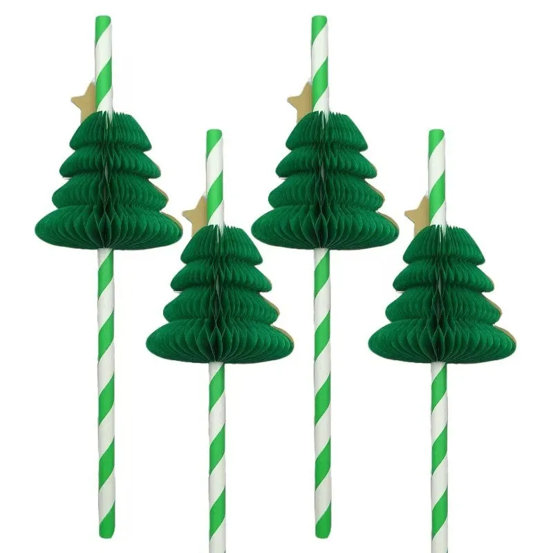 50 paper honeycomb Christmas tree straws 6x197mm in assorted colours on a table