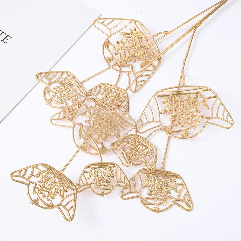 Artificial Persian eucalyptus ginkgo leaf flower arrangement in gold plastic for wedding home decor