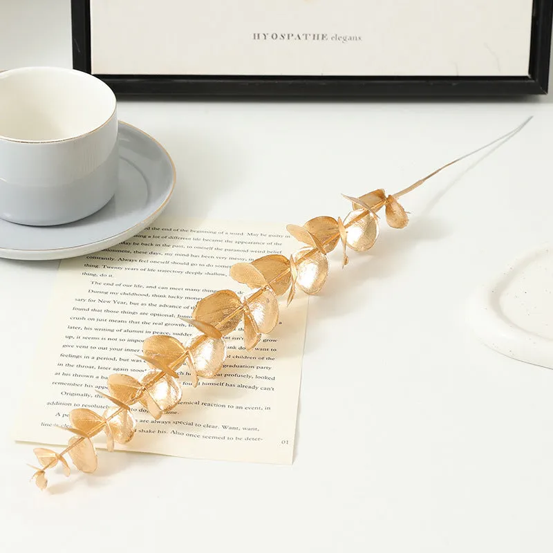 Artificial Persian eucalyptus ginkgo leaf flower arrangement in gold plastic for wedding home decor