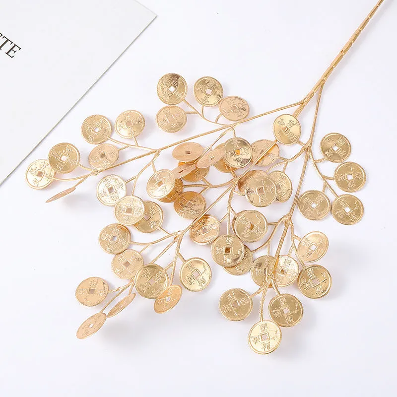 Artificial Persian eucalyptus ginkgo leaf flower arrangement in gold plastic for wedding home decor
