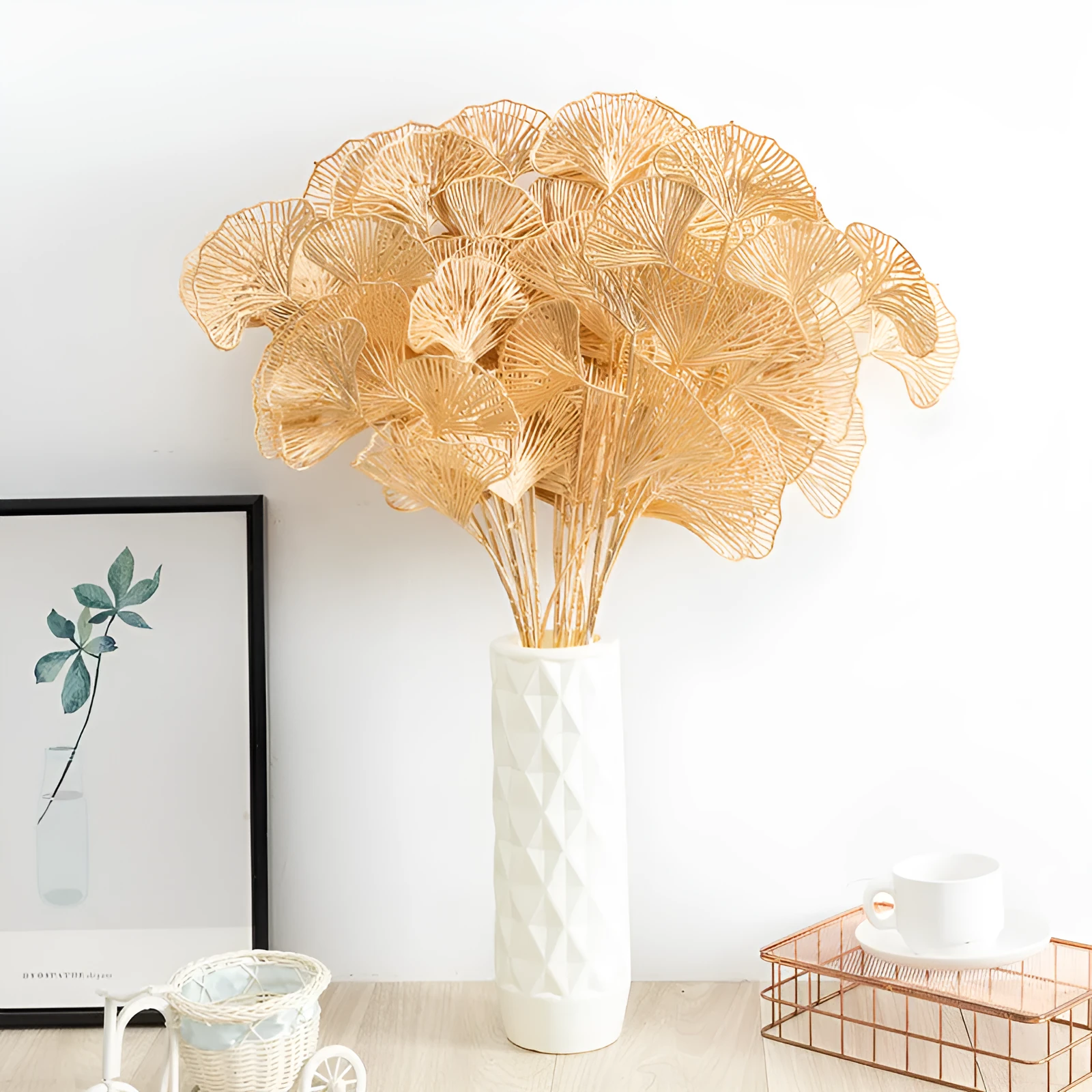 Artificial Persian eucalyptus ginkgo leaf flower arrangement in gold plastic for wedding home decor