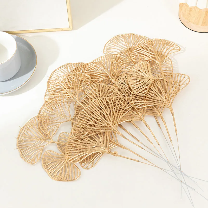 Artificial Persian eucalyptus ginkgo leaf flower arrangement in gold plastic for wedding home decor