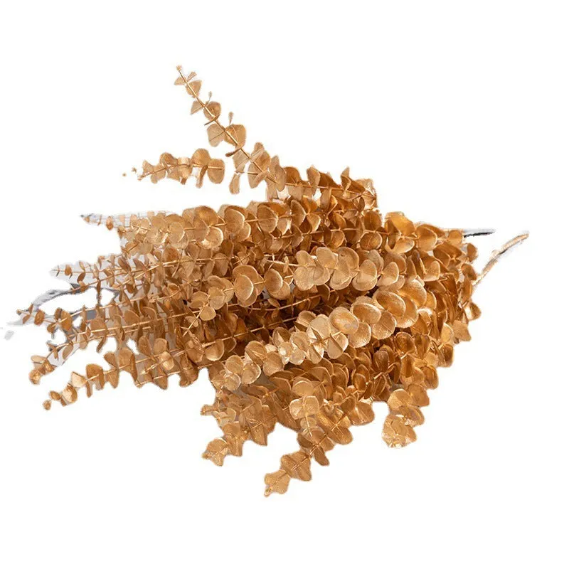 Artificial Persian eucalyptus ginkgo leaf flower arrangement in gold plastic for wedding home decor