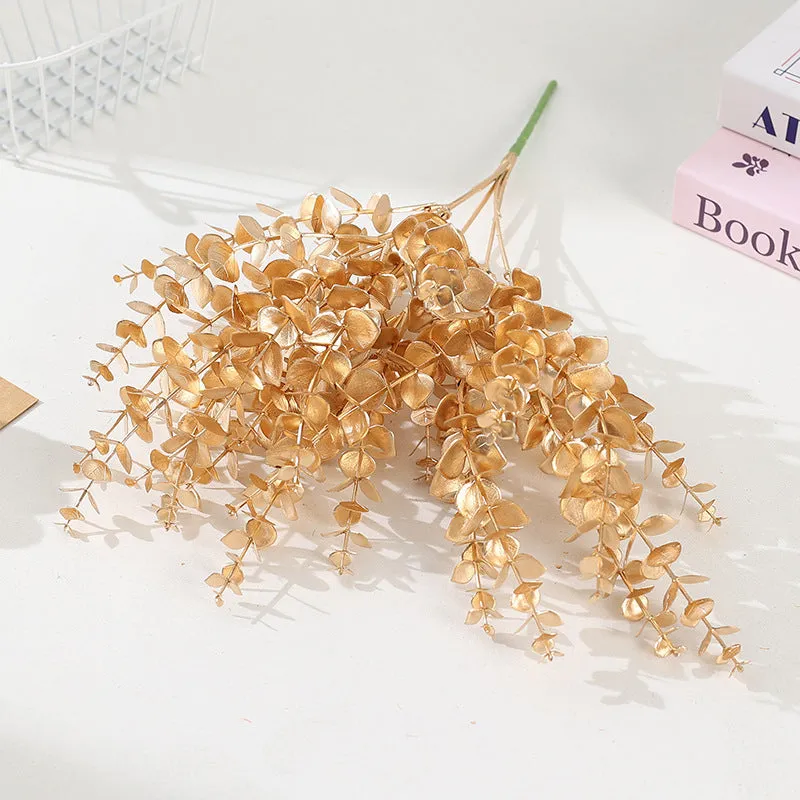 Artificial Persian eucalyptus ginkgo leaf flower arrangement in gold plastic for wedding home decor