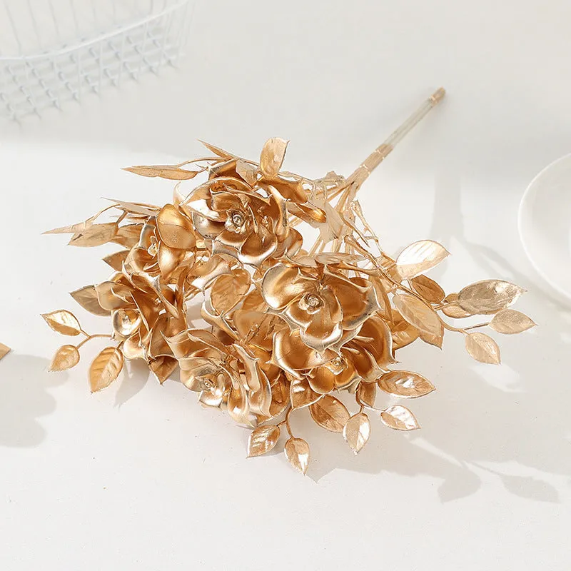 Artificial Persian eucalyptus ginkgo leaf flower arrangement in gold plastic for wedding home decor