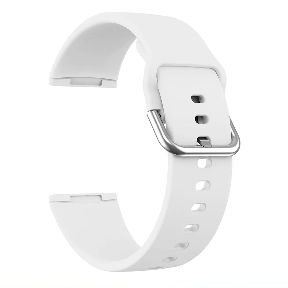 Solid colour silicone replacement strap with silver buckle for Fitbit Versa 3 and Sense 2 watches.