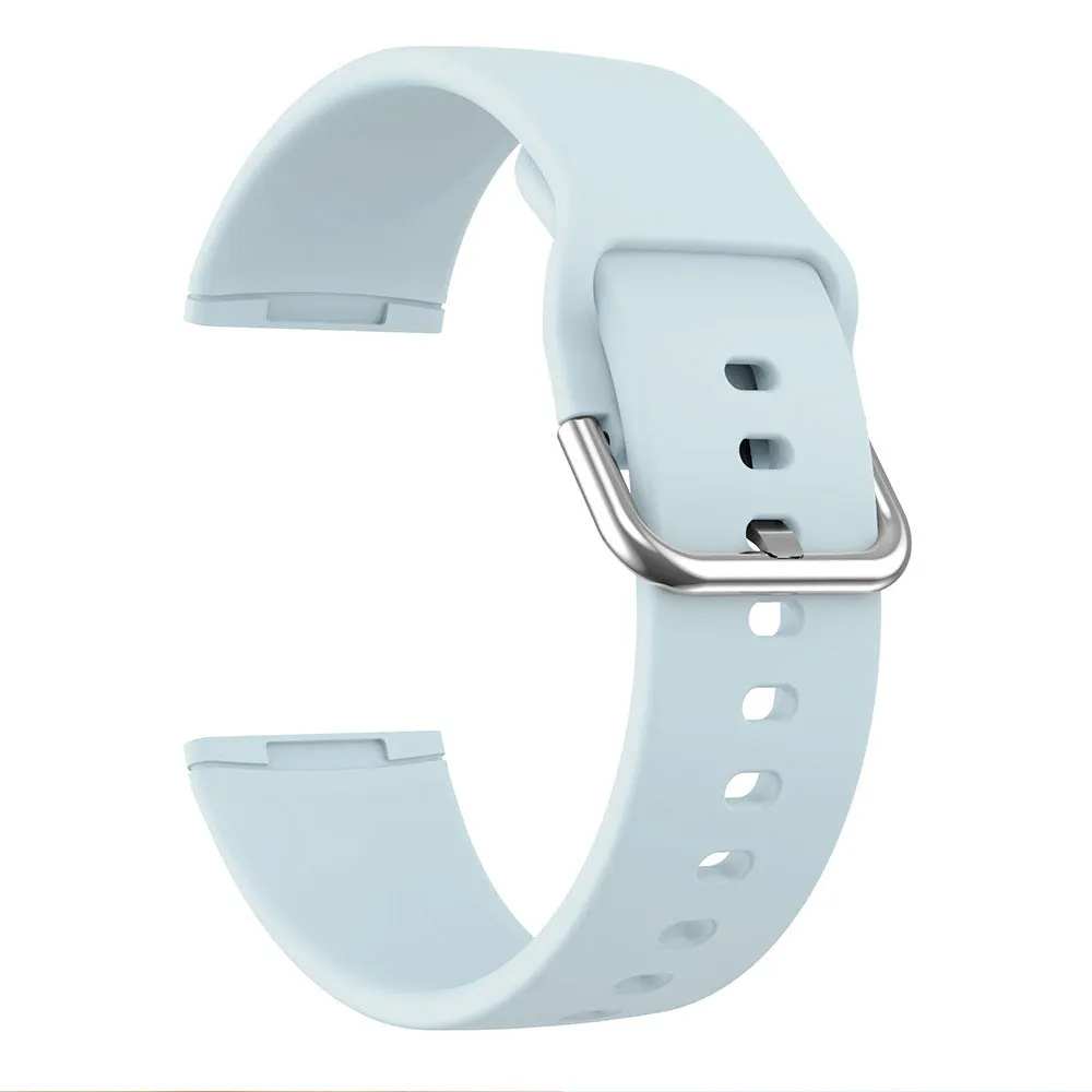 Solid colour silicone replacement strap with silver buckle for Fitbit Versa 3 and Sense 2 watches.