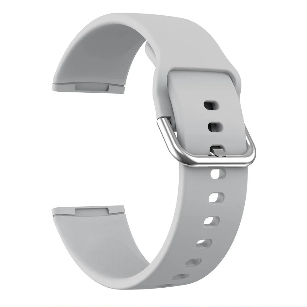 Solid colour silicone replacement strap with silver buckle for Fitbit Versa 3 and Sense 2 watches.