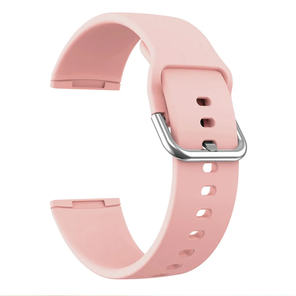 Solid colour silicone replacement strap with silver buckle for Fitbit Versa 3 and Sense 2 watches.