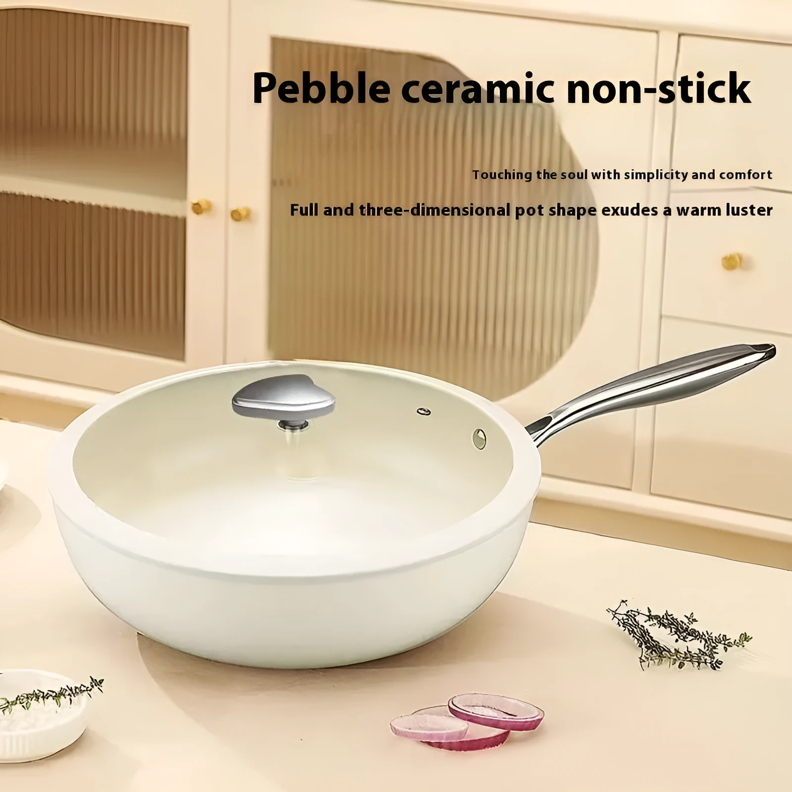 28cm pebble ceramic non-stick stir fry pan with stainless steel glass lid on hob