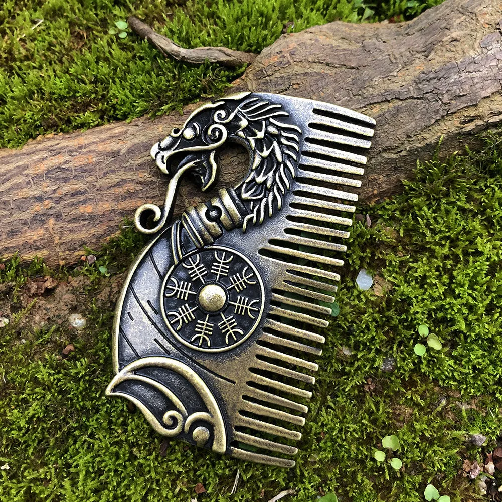 Bronze double-sided Viking rune comb with dragon motif on neutral background