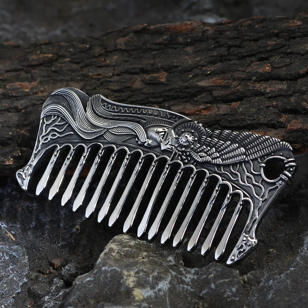 Nordic Viking stainless steel comb double-sided with Aoding crow design steel colour unisex