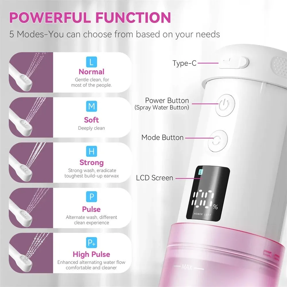 Portable household integrated electric washer in white and purple, 146x60x60mm, with LED screen and nozzles