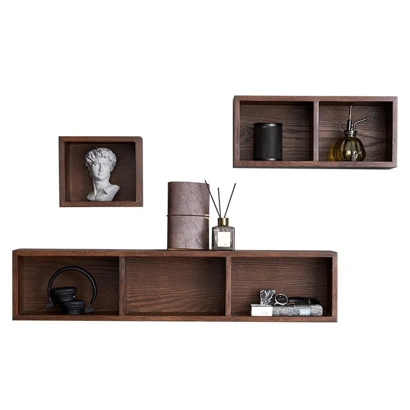 Solid white oak wall-mounted lattice shelf with multiple grids in wood colour, showing books and small decorations