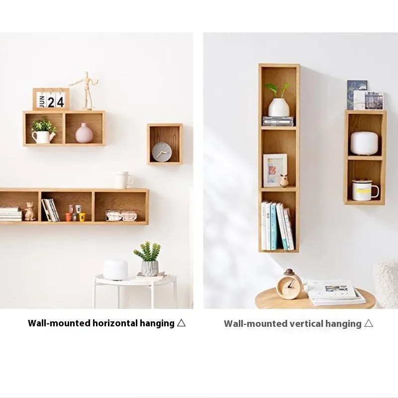 Solid white oak wall-mounted lattice shelf with multiple grids in wood colour, showing books and small decorations