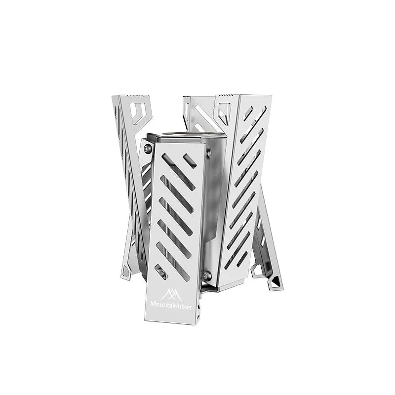 Hexagon-shaped foldable alcohol camping stove in black or silver measuring 9.5x8.5x15cm