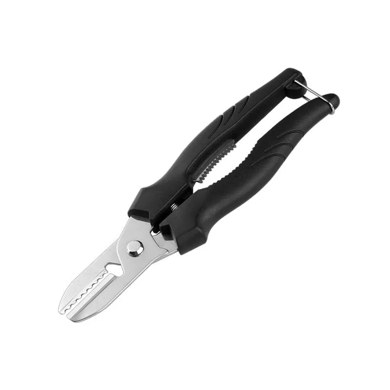 Pair of stainless steel chestnut opening scissors in black colour on white background