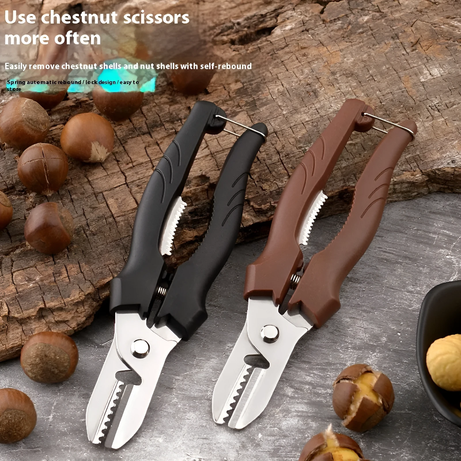 Pair of stainless steel chestnut opening scissors in black colour on white background