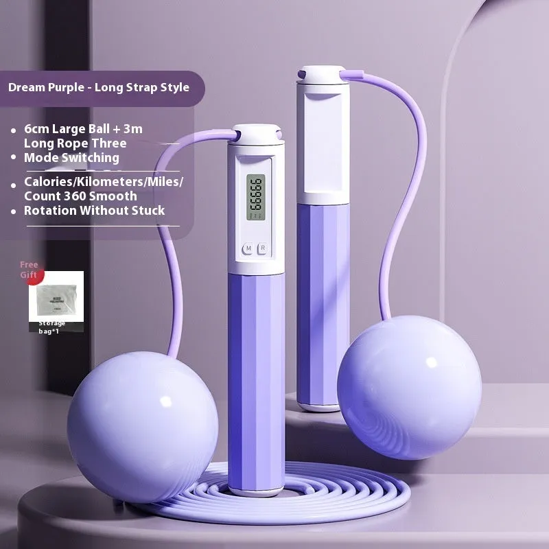 Smart counting skipping rope in light blue with ABS handle and big ball style, packed in stroller bag