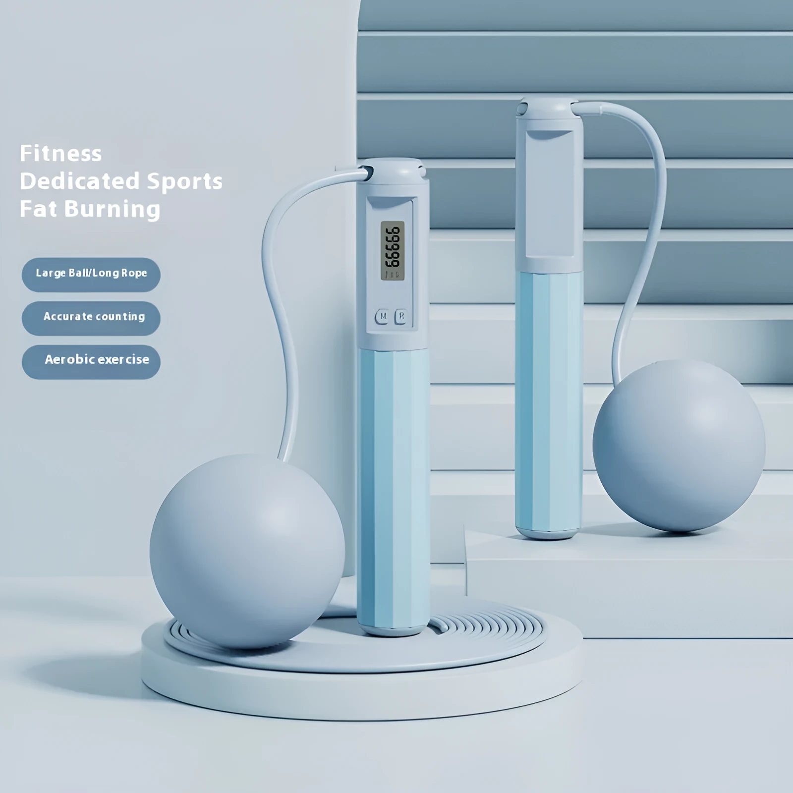 Smart counting skipping rope in light blue with ABS handle and big ball style, packed in stroller bag