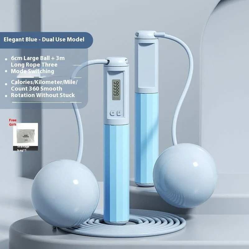 Smart counting skipping rope in light blue with ABS handle and big ball style, packed in stroller bag