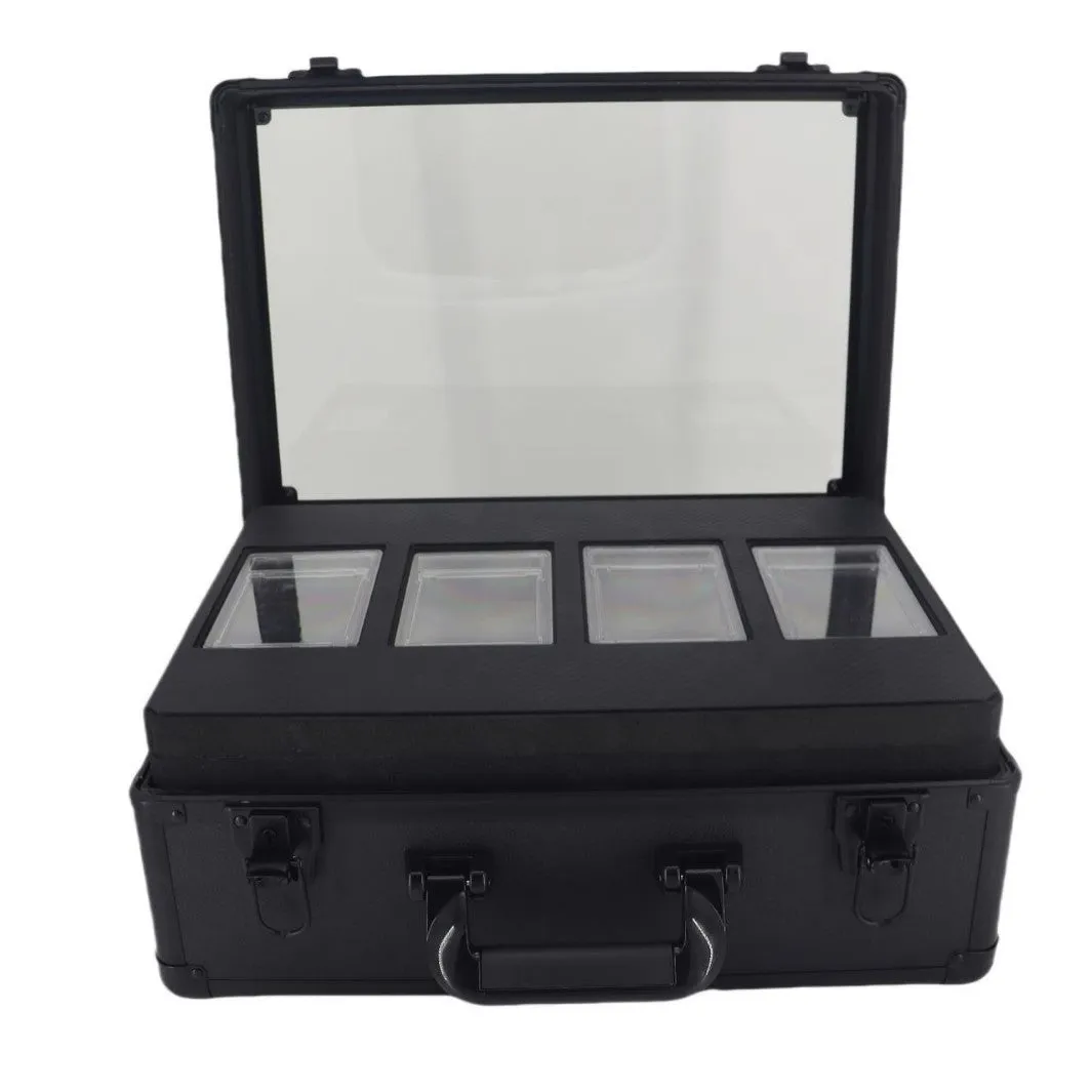 Black aluminium alloy three-slot portable magnetic brick storage box for PSA and BGS trading cards with handle
