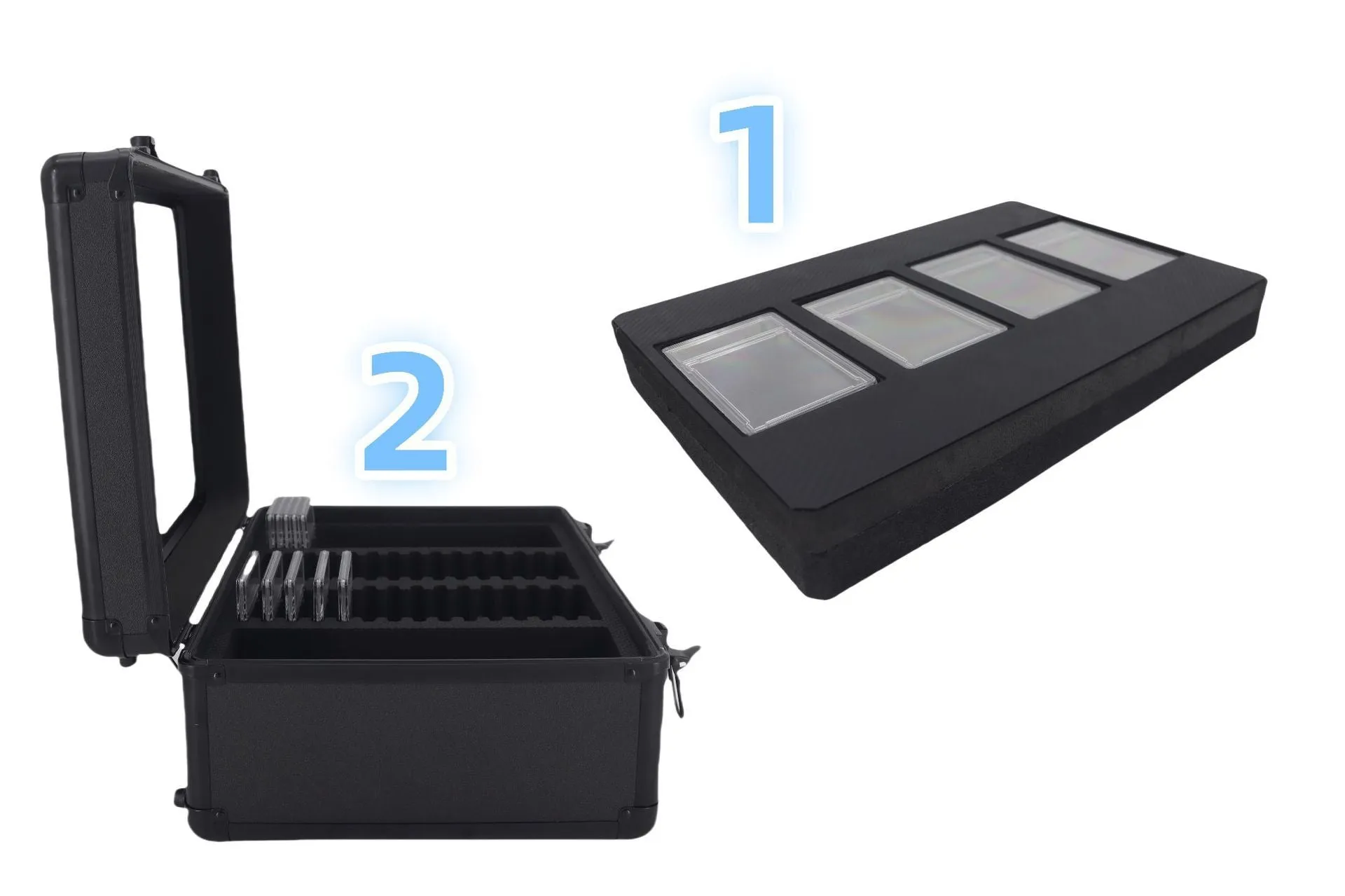 Black aluminium alloy three-slot portable magnetic brick storage box for PSA and BGS trading cards with handle