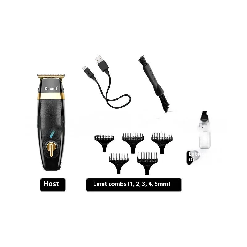KM1834 rechargeable electric hair clipper with five limit combs, USB cable, lubricant, and brush on a table
