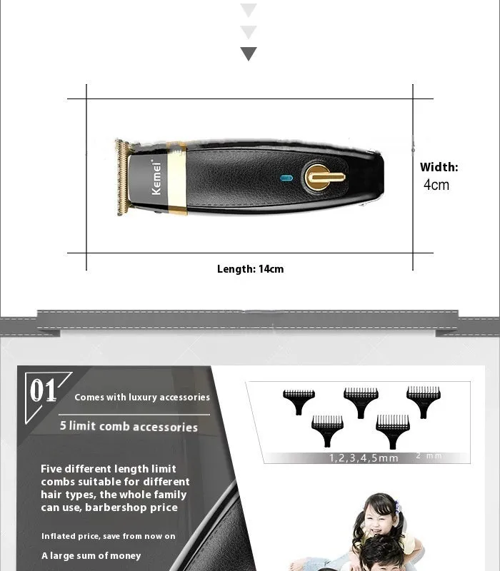 KM1834 rechargeable electric hair clipper with five limit combs, USB cable, lubricant, and brush on a table