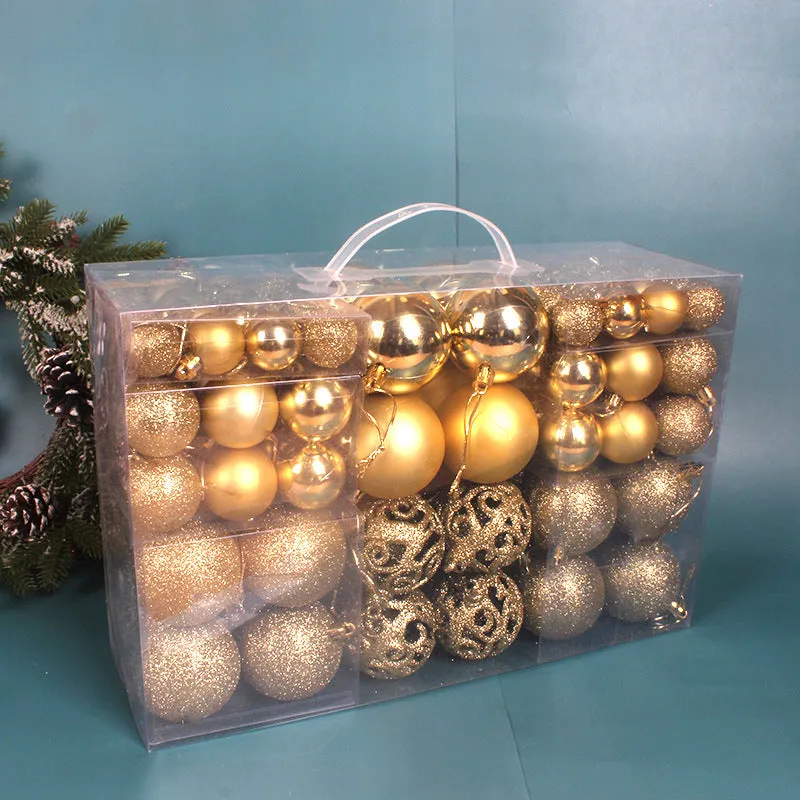 Boxed set of 100 colourful PVC Christmas tree balls in 3-6cm sizes on a neutral background