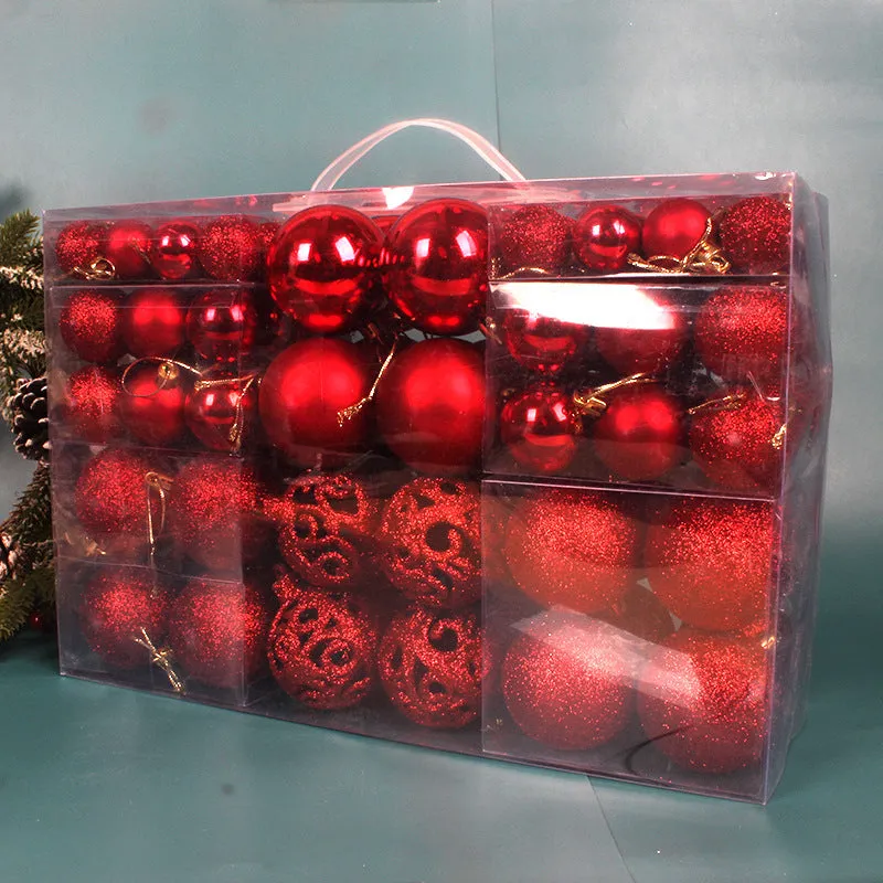 Boxed set of 100 colourful PVC Christmas tree balls in 3-6cm sizes on a neutral background