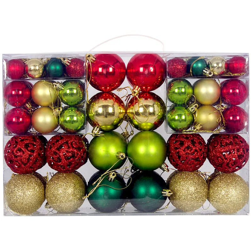 Boxed set of 100 colourful PVC Christmas tree balls in 3-6cm sizes on a neutral background