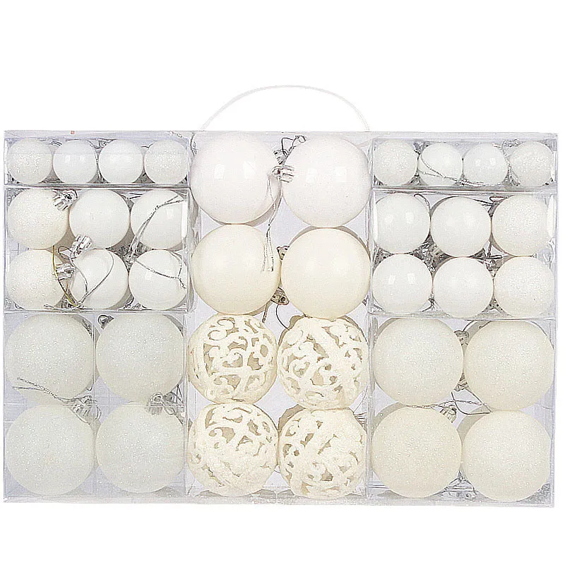 Boxed set of 100 colourful PVC Christmas tree balls in 3-6cm sizes on a neutral background