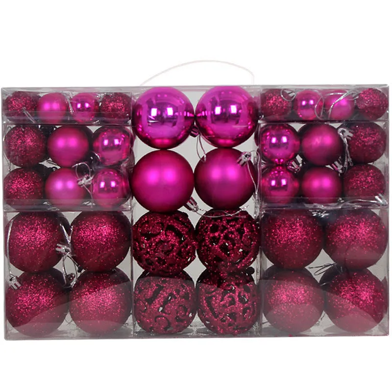 Boxed set of 100 colourful PVC Christmas tree balls in 3-6cm sizes on a neutral background