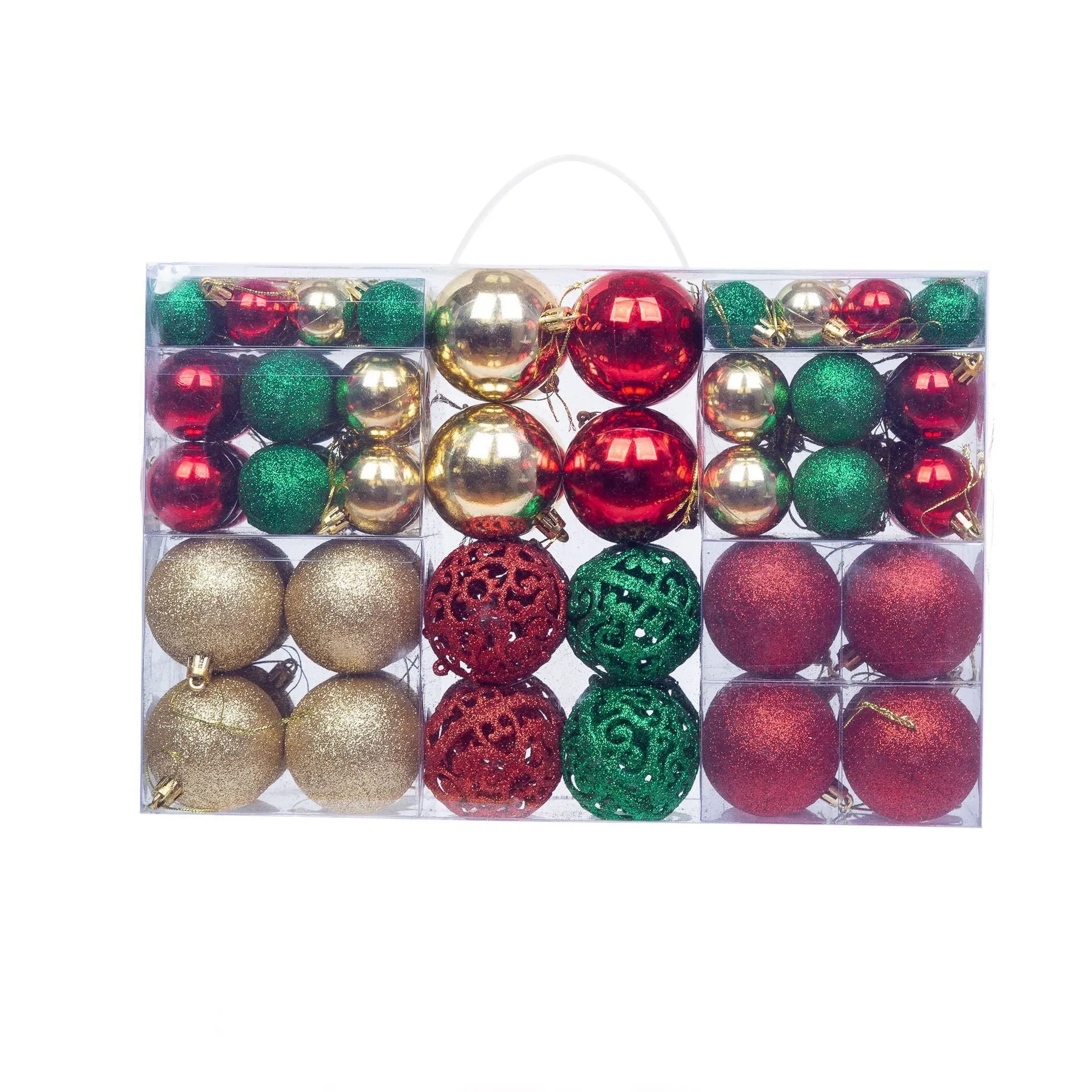Boxed set of 100 colourful PVC Christmas tree balls in 3-6cm sizes on a neutral background