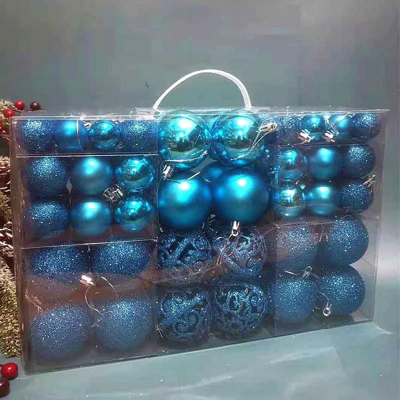 Boxed set of 100 colourful PVC Christmas tree balls in 3-6cm sizes on a neutral background