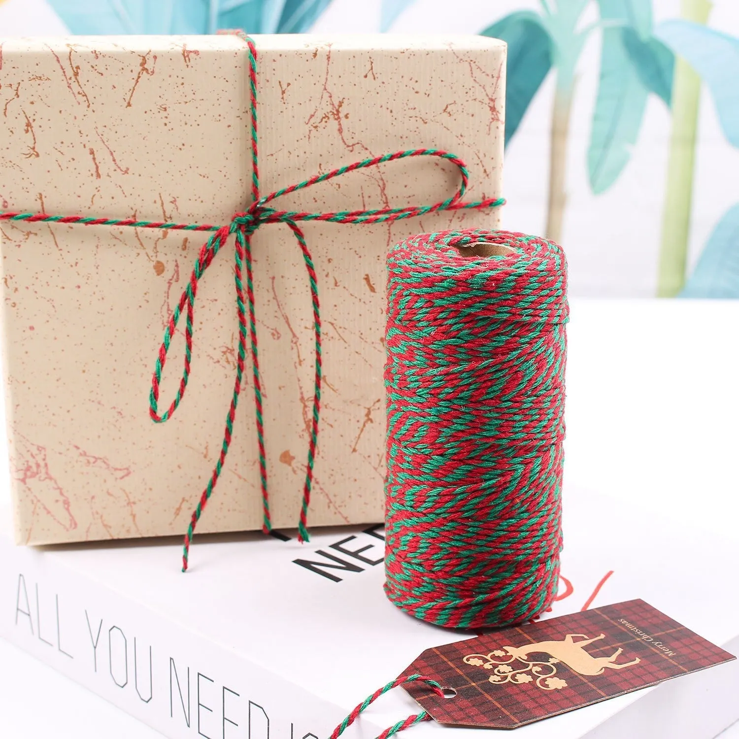 2mm cotton cord tube 100m red white green Christmas wrapping thread
