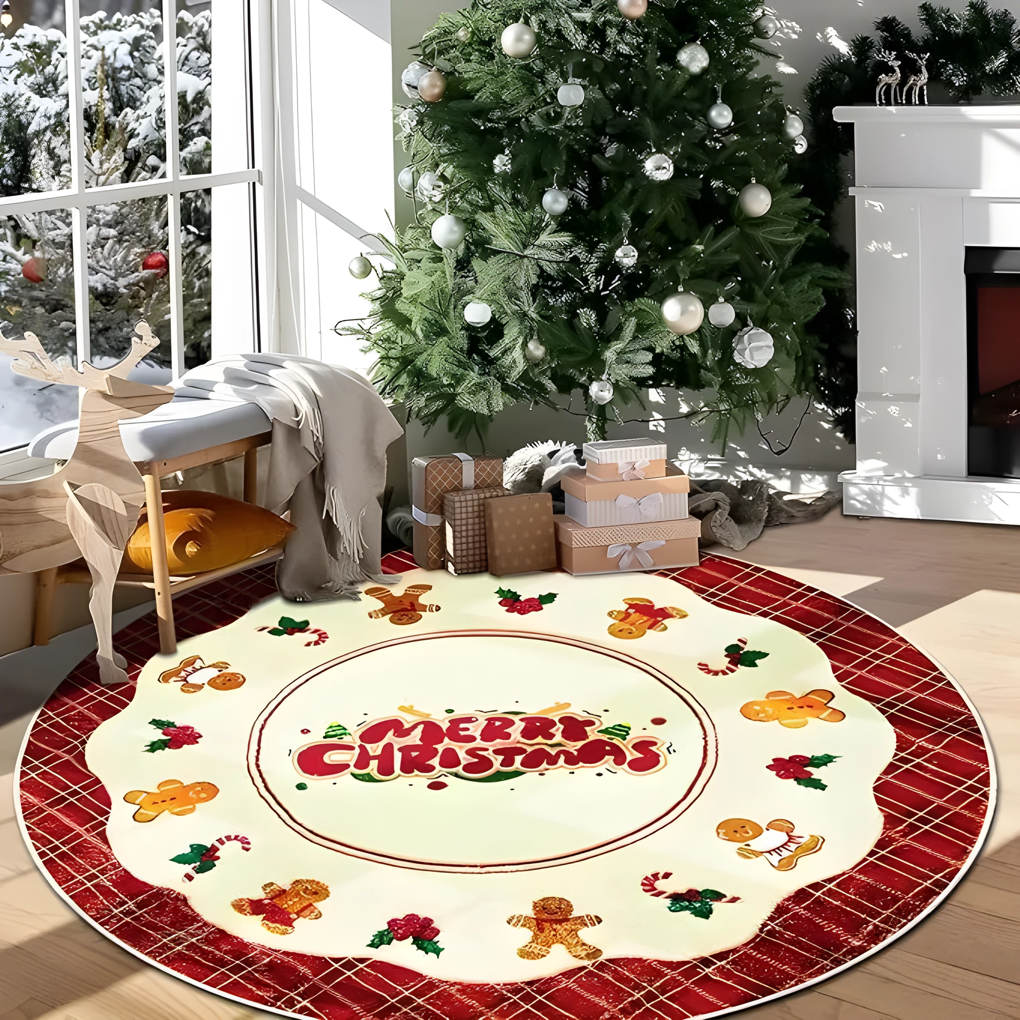 Crystal velvet anti-slip dots carpet in Christmas round design on a living room floor