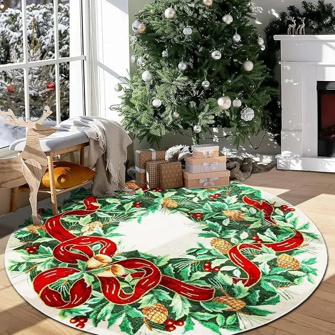 Crystal velvet anti-slip dots carpet in Christmas round design on a living room floor