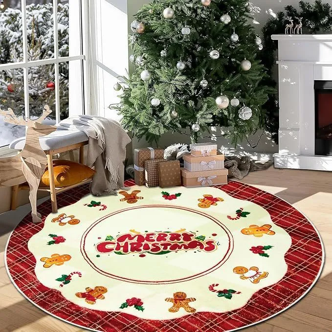 Crystal velvet anti-slip dots carpet in Christmas round design on a living room floor