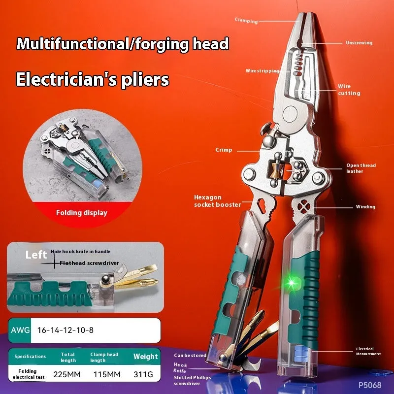 Electrician's pointed pliers and wire stripper with rust prevention in 215mm or 225mm sizes